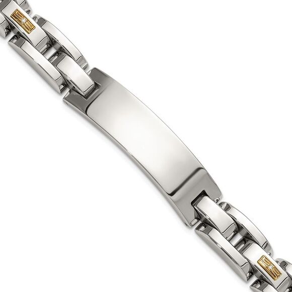 Steel 14k Yellow Gold Accent & 1/20ct. Diamond 8.5in ID Link Bracelet